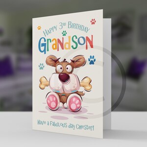 Carte d’anniversaire de petit-fils avec n’importe quel nom et tout âge Chien avec os mignon Carte d’anniversaire pour petit-fils