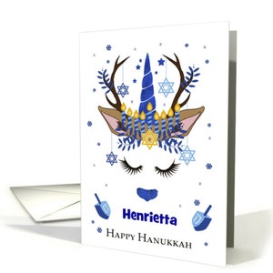 Chanoeka rendieren Eenhoorn met Menorah hoofdtooi Card-gepersonaliseerd