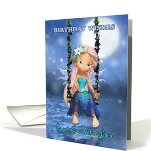 Carte d’anniversaire de fée avec la fée mignonne sur un swing, doux et moderne