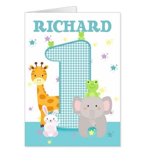Carte de 1er anniversaire, carte personnalisée pour bébés premier anniversaire, animaux mignons de la jungle et étoiles