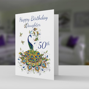 50. Geburtstag Tochter, Pfau Tochter Geburtstagskarte - 5 x 7 Pro-Karte Lager und Umschlag