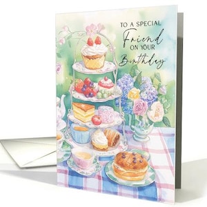 Biglietto di auguri di compleanno per un amico speciale con tè alla panna e fiori, cartoncino Pro 5x7 e busta