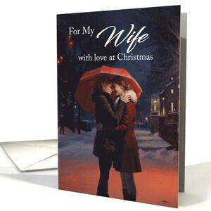 Noël femme lesbienne sous un parapluie rouge avec une carte Trottoir enneigé papier cartonné professionnel 5 x 7 pouces et enveloppe