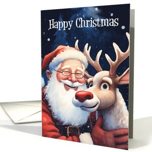 Carte de Noël Père Noël et renne, carte de Noël 5x7 pro cartonné et enveloppe