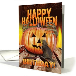 Halloween, Birthday Halloween Pumpkin Rat, Skeleton Hands And Fire card, Halloween Birthday Card, Birthday On Halloween
