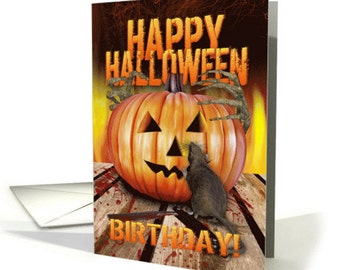 Halloween, Birthday Halloween Pumpkin Rat, Skeleton Hands And Fire card, Halloween Birthday Card, Birthday On Halloween