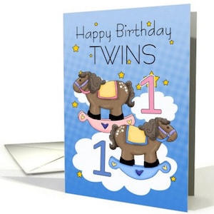 Carte de premier anniversaire de jumeaux - Carte de deux petits poneys - Petits chevaux à bascule, cheval à bascule bleu, cheval à bascule rose