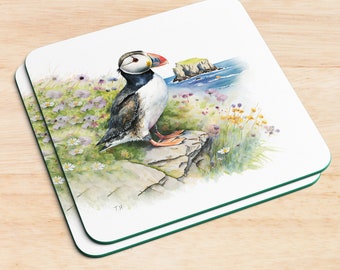 Set of 4 Puffins with Flowers Coaster or Single | Poets | Home Gift | Home ware | Fall | Coasters | New Home | Gift | single available