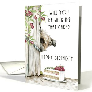 Cane e torta di compleanno Cane carino che fa capolino da una staccionata biglietto di auguri divertente con busta 5x7 cartoncino professionale