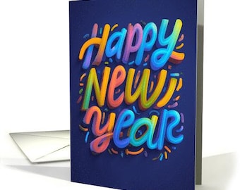 Puede incluir: Tarjeta de felicitación de Año Nuevo con la frase "Happy New Year" en letras 3D coloridas sobre un fondo azul oscuro. Incluye un sobre blanco. El texto utiliza tonos de naranja, amarillo, azul y morado.
