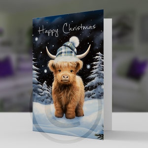 Biglietto d'auguri di Natale della mucca delle Highland, mucca delle Highland di Natale, cartoncino professionale 5x7 e busta