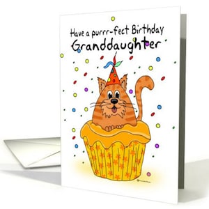 Carte d’anniversaire de petite-fille avec Ginger Cat Sat dans un papier et une enveloppe de cartes Cupcake 5x7 pro