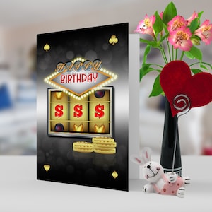 Tema del casinò di auguri di compleanno con slot e monete