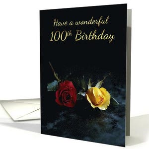 100e anniversaire avec deux boutons de rose, un rouge, un jaune, papier cartonné professionnel 5 x 7 pouces et enveloppe