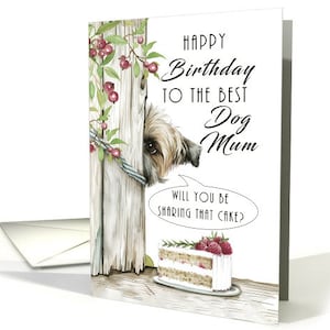Carte de gâteau d'anniversaire chien et maman Chien mignon regardant autour d'une clôture Carte de voeux avec enveloppe Papier cartonné pro 5 x 7