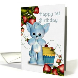 Happy 1. Birthday Boy-Card - kleinen blauen Teddy mit seinen Cupcake- oder 1. Geburtstag Rosa Teddy