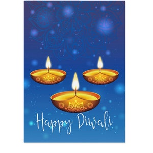 Diwali, Diwali wenskaart in blauw, met drie lampjes bokeh achtergrond met Mandala bloem