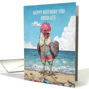 Carte d'anniversaire coq debout sur le rivage avec l'océan derrière l'humour papier cartonné professionnel 5 x 7 et enveloppe