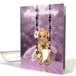 Carte d’anniversaire de fée avec la fée mignonne sur une oscillation, douce et moderne, stock et enveloppe de carte pro 5x7