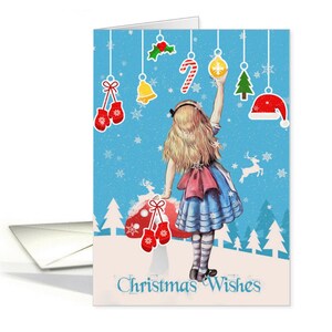 Alice no país das maravilhas, diversão de inverno Alice colocando decorações de Natal, um divertido cartão do país das maravilhas de inverno