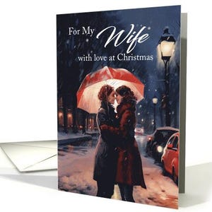 Noël femme lesbienne sous un parapluie rouge avec une carte scène enneigée papier cartonné professionnel 5 x 7 pouces et enveloppe