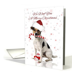 Jack Russell Christmas Card, divertimento Jack Russell Card, Jack Russel In cappello della Santa, siamo Bau Bau è un buon Natale