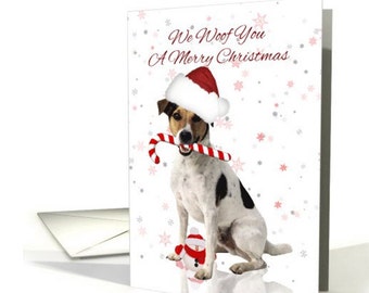 Jack Russell Christmas Card, Fun Jack Russell Card, Jack Russel In Santa Hat, We Woof You A Merry Christmas