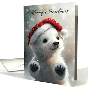 Polar Bear Cub Wearing a Santa Hat Holding Winter Scene card 5x7 pro card stock and Envelope