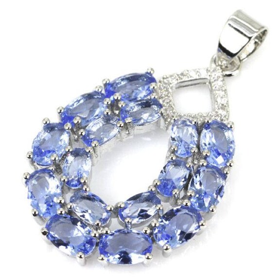 Sterling Silver 925 Genuine Natural Blue Violet Tanzanite and Tsavorite Pendant