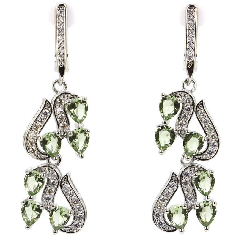 Sterling Silver Green Amethyst Gemstone Drop Earrings With AAA CZ Accents