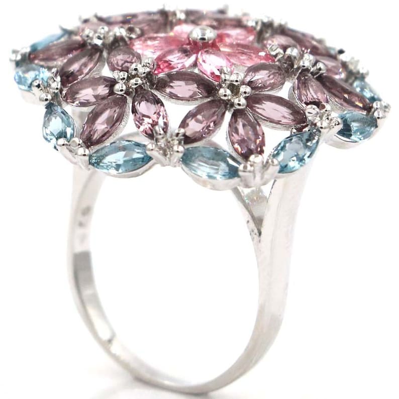 Sterling Silver Bold Large Multi Gemstone Ring Ameythyst Tourmaline Topaz Size 10.5
