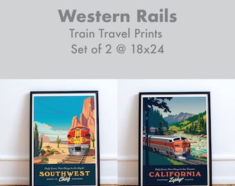 Conjunto de 2 pósters de viaje en tren de Southwest Chief, California Zephyr, sin marco