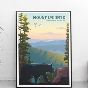 May include: A vintage-style travel poster featuring a black bear walking in the foreground of a mountain landscape. The poster is titled "Mount LeConte, Great Smoky Mountains".