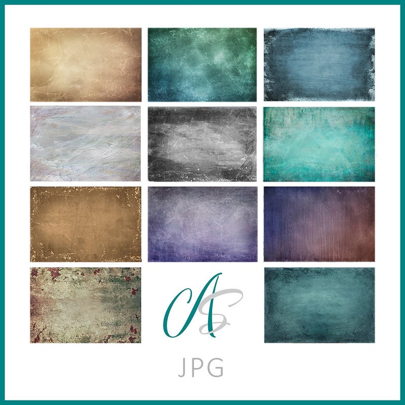 May include: A set of 12 digital backgrounds in various shades of blue, green, brown, and purple. The backgrounds have a textured, distressed look, giving them a vintage feel.  The backgrounds are perfect for adding a unique touch to your digital projects.