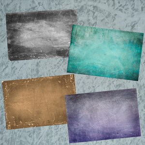 May include: Four textured rectangular backgrounds in different colors: gray, teal, brown, and purple. These backgrounds can be used for digital scrapbooking, graphic design, or other creative projects.