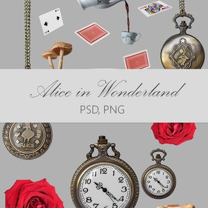 May include: A collection of Alice in Wonderland themed digital clipart, including a pocket watch, a teapot pouring tea, playing cards, mushrooms, and roses. The pocket watch has a face with Roman numerals and a design of Alice in Wonderland on the back. The teapot is white with floral designs and is pouring tea into a white teacup. The playing cards are red and black with hearts, diamonds, clubs, and spades. The mushrooms are brown and white with white stems. The roses are red and have green stems and leaves. The text "Alice in Wonderland" and "PSD, PNG" is also included in the image.