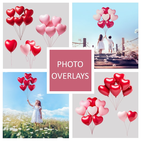 10 Valentines Ballons Digital Overlays Png, Photo Overlay, Photography Overlay, Heart Ballons, Fine Art, Photoshop overlays, Photo edit