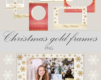 Christmas Gold Frames: Photo Overlays, Card Design (PNG Digital Download)