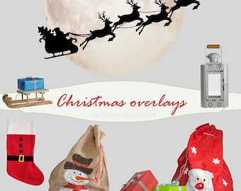 Christmas overlays, photo overlay, Santa Claus overlay, moon overlay, lanter overlay, sled overlay, gifts overlays, bag overlay