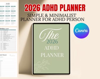 Planner digitale ADHD 2026 / Modello Canva modificabile e stampabile / Calendario giornaliero, settimanale e mensile / Monitoraggio delle abitudini / Planner mensile ADHD