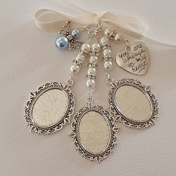 Triple Bouquet Charm, Wedding memorial charm, Silver Oval Bridal Bouquet Locket, "always in heart" charm, angelcharm, clear covers, Gift Bag