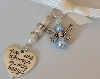 Amuleto conmemorativo del ramo, amuleto de boda, encanto nupcial de plata, encanto de memoria, encanto "siempre en el corazón", 1 encanto de ángel y bolsa de regalo