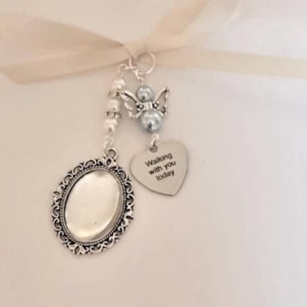 Bouquet Charm, Wedding memorial charm, Silver Oval Bridal Bouquet Locket, "Walking with you today" charm, Angel Charm, clear cover,Gift Bag