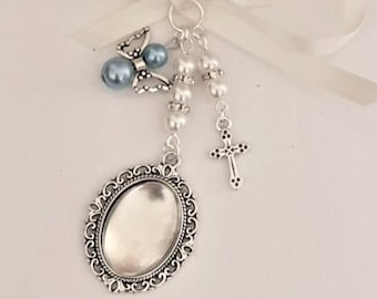 Memorial Charm, Bouquet Charm, Wedding locket, Silver Oval Bridal Bouquet Locket, cross charm, Angel Charm, a clear cover & Gift Bag