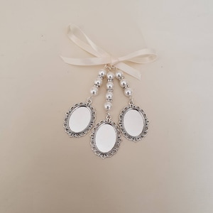 Wedding Bouquet charm, Photo Charm Locket, Memorial Charm, Triple Oval silver locket, Ivory Beads, Glass Covers, Organza Gift Bag