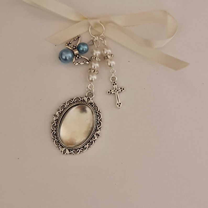 Memorial Charm, Bouquet Charm, Wedding locket, Silver Oval Bridal Bouquet Locket, cross charm, Angel Charm, a clear cover & Gift Bag image 3