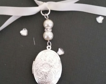 Medallón para ramo de novia con perlas, dije floral grabado con foto, recuerdo de boda