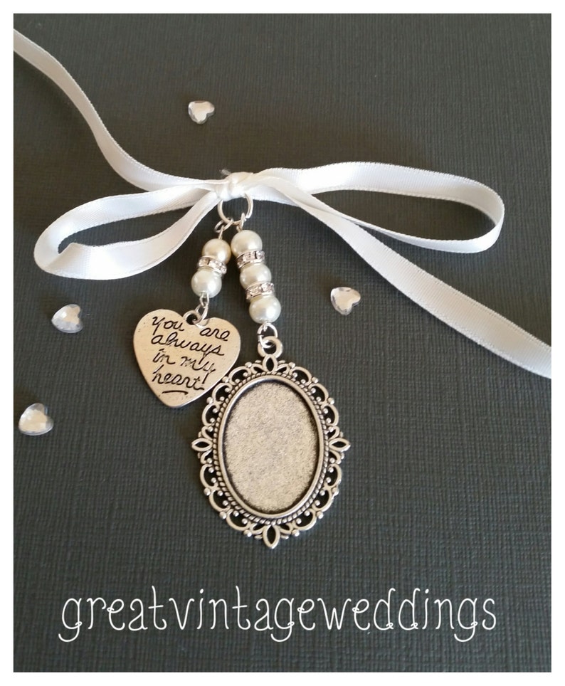 Beautiful Wedding Bouquet Photo Charm Photo Frame Silver Pendant Locket and Heart Charm glass cover & Gift Bag image 3