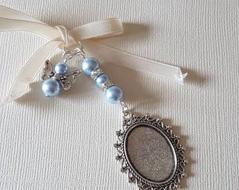 Beautiful Wedding Bouquet Photo Charm Silver Photo Frame Bridal Bouquet Locket and Angel Charm with blue pearls a clear cover & Gift Bag