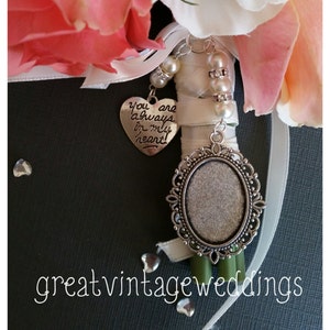 Beautiful Wedding Bouquet Photo Charm Photo Frame Silver Pendant Locket and Heart Charm glass cover & Gift Bag image 2